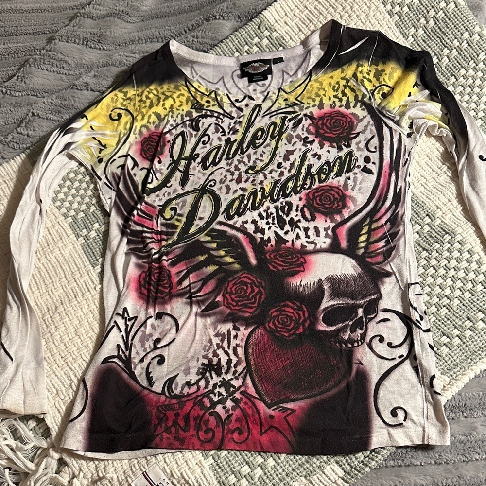 Harley-Davidson Skull and Roses Long Sleeve Shirt - Yellow, Red, Black